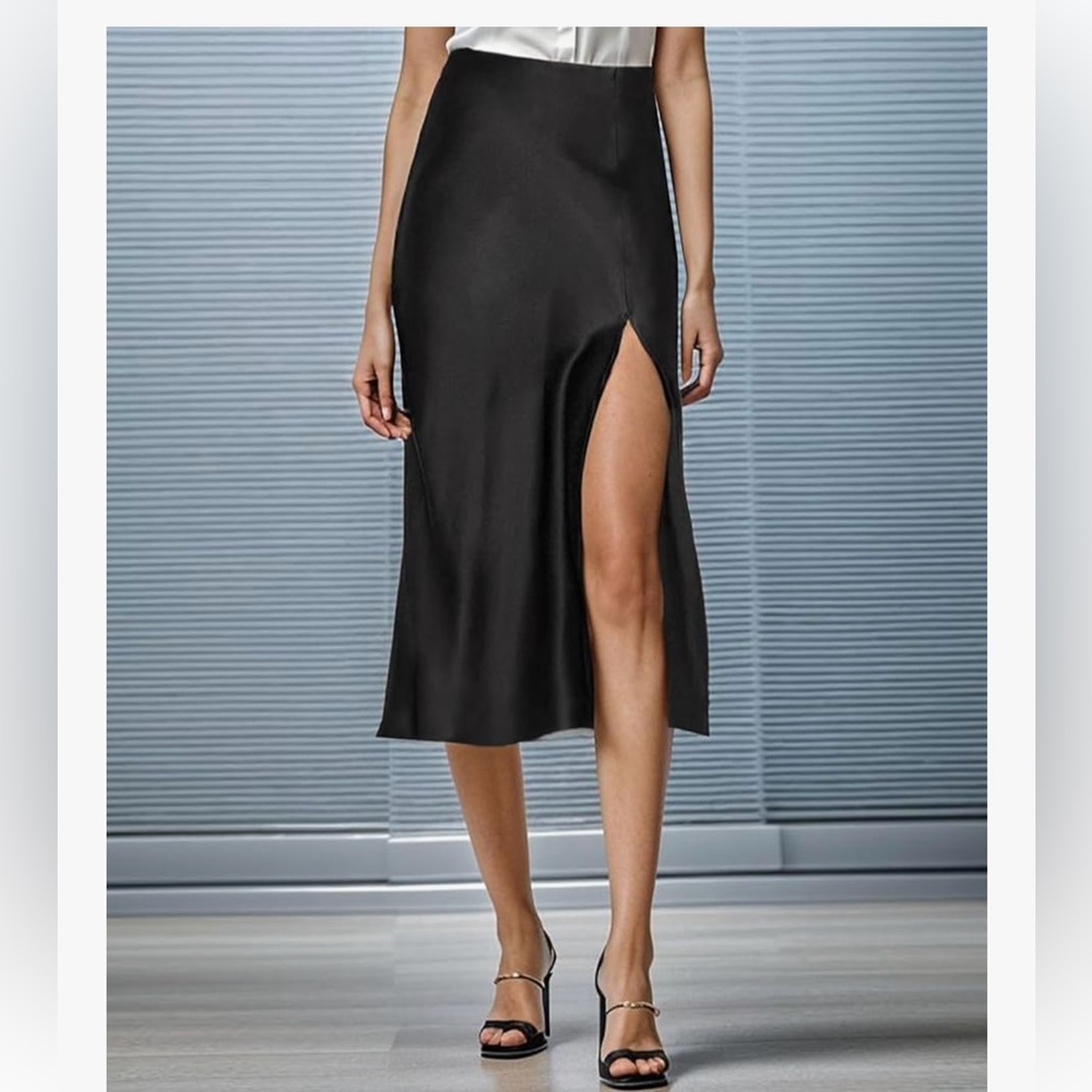 NWT Black Midi Silk Skirt with Slit